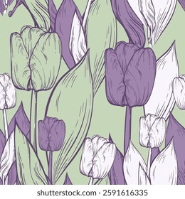 Vintage blooming tulips vector seamless pattern. Hand drawn beautiful outline flowers. Pastel spring print design. Cute botanical background. Big open buds, large leaves sketch. Plant contour element