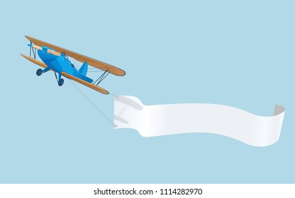 Vintage blue airplane with advertising banner in the sky. Vector Illustration