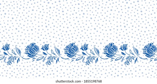 Vintage blue antique porcelain botany tulip border. Vintage kitchen. Hand drawn botany floral garland. Cut out design on white dotted background. Elegant nature background. Perefect for kitchen