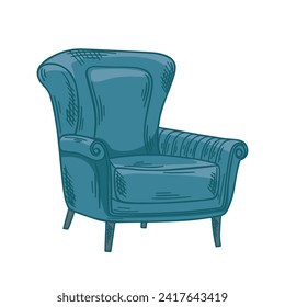 Vintage blue armchair, furniture for home interior. Soft chair in retro style, isolated vector illustration. Rare piece of furniture for living room