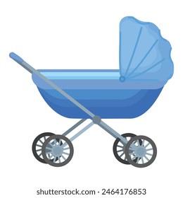 Vintage blue baby stroller illustration in vector format with modern safety features for newborns and infants, perfect for urban leisure strolls in the park and family outings