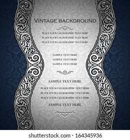 Vintage Blue Background, Antique, Victorian, Silver Ornament, Baroque Frame, Beautiful Invitation Card, Ornate Cover Page, Label, Floral Luxury Ornamental Pattern Template For Design