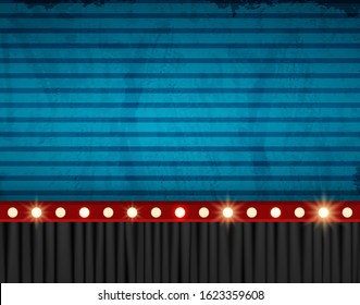 Vintage blue background with black curtain. Design for presentation, concert, show. Vector illustration
