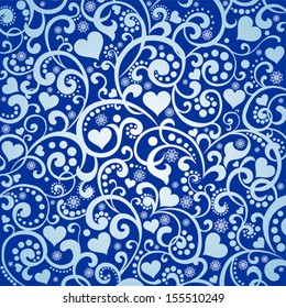 Vintage blue background with hearts and snowflake. Vector Illustration 