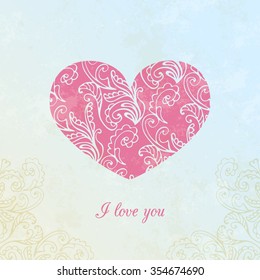 Vintage blue background with old paper texture and abstract ornamental pink heart. Valentine's day greeting card. Vector illustration EPS 10
