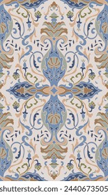 Vintage blue and beige floral background. Pattern with stylized vases and flowers.