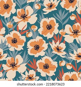 Vintage blue, beige and orange floral pattern. Elegant retro vibe repeatable vector pattern. Colourful flowers and pastel foliage texture for wallpaper, wrapping and stationery design.