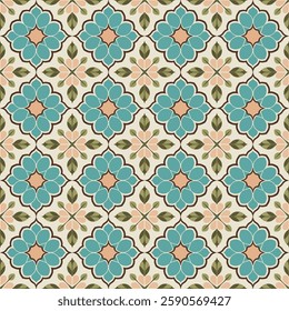 Vintage Blue and Beige Ornamental Tile Seamless Pattern with Decorative Accents