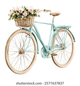 Vintage blue bicycle with a wicker basket filled with vibrant flowers. Perfect for spring or summer themed designs, greeting cards, posters, or home decor, evoking nostalgia and charm.