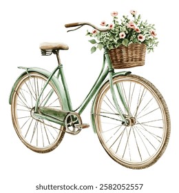 Vintage blue bicycle with a wicker basket filled with vibrant flowers. Perfect for spring or summer themed designs, greeting cards, posters, or home decor, evoking nostalgia and charm.