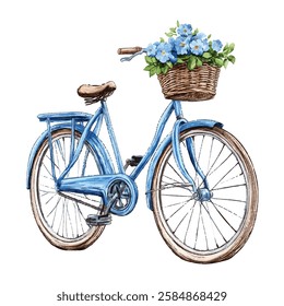 Vintage blue bicycle with a wicker basket filled with vibrant flowers. Perfect for spring or summer themed designs, greeting cards, posters, or home decor, evoking nostalgia and charm.