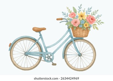 Bicicleta azul vintage com uma cesta de vime transbordando com flores vibrantes, delicadamente pintadas à mão em aquarela. Perfeito para decoração, cartões de felicitações e desenhos, evocando nostalgia e charme ao ar livre.