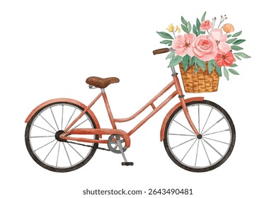 Bicicleta azul vintage com uma cesta de vime cheia de flores vibrantes. Perfeito para designs com temas de primavera ou verão, cartões de felicitações, cartazes ou decoração de casa, evocando nostalgia e charme.