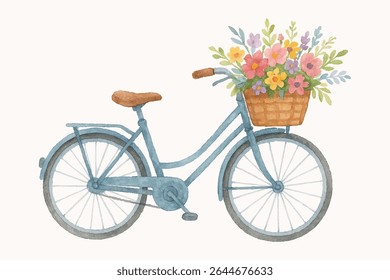 Bicicleta azul vintage com uma cesta de vime cheia de flores vibrantes. Perfeito para designs com temas de primavera ou verão, cartões de felicitações, cartazes ou decoração de casa, evocando nostalgia e charme.