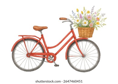 Bicicleta azul vintage com uma cesta de vime transbordando com flores vibrantes, delicadamente pintadas à mão em aquarela. Perfeito para decoração, cartões de felicitações e desenhos, evocando nostalgia e charme ao ar livre.
