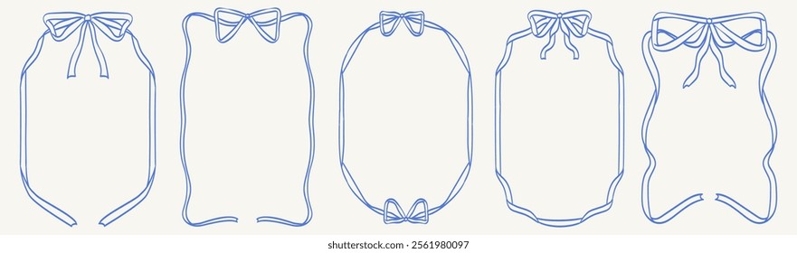 Vintage blue bows frame for greeting cards, wedding and birthday party, picnic invitations in cute elegant coquette style. Hand drawn ribbons border illustration for social media decoration template.