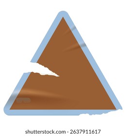 Vintage blue and brown triangle sticker with a ripped paper edge. Retro promotional blank element with aged, worn look in grunge. Wrinkled old shape for scrapbook designs, print, poster.	