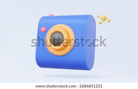 Vintage blue camera compact with sparkle magic floating on pastel background. image memory travel photography concept. cartoon minimal sytle. 3d vector icon illustration