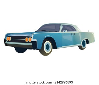 Vintage Blue Car On White Background. Vintage Car In Cartoon Style. American 70s Car Isolated On White Background. 