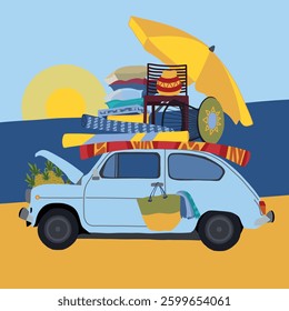 A vintage blue car packed with beach essentials, including umbrellas, mats, pillows, and pineapples, sits on a sandy shore against an ocean sunset. A fun and carefree summer vacation vibe.