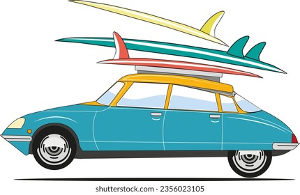 vintage blue car with surf tables on the the top