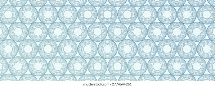 Vintage  blue cheque template featuring geometric circle guilloche ornament. Minimalist security texture with pastel tones, ideal for vouchers, bonds, stamps, or classic financial