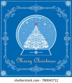 Vintage blue Christmas card with Xmas tree in globe