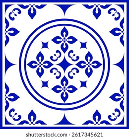 Vintage Blue Circle Floral Tile Pattern
