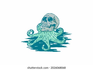 Vintage blue color of octopus with skeleton head illustration design