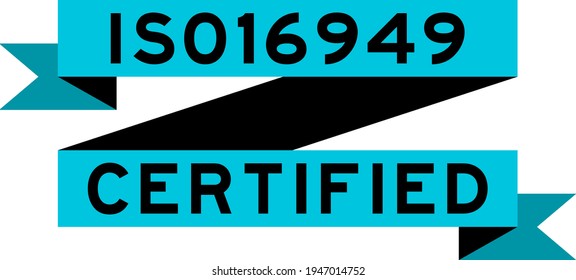 Vintage blue color ribbon banner with word ISO 16949 certified on white background
