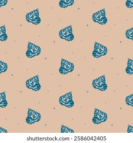 Vintage Blue Conch Shells on Beige Ocean Pattern. Hand-drawn blue conch shells on a beige background with floating bubbles, vintage coastal-inspired design, perfect for nautical and marine themes.