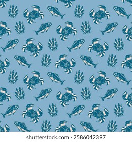 Vintage Blue Crabs, Fish, and Seaweed on Blue Pattern. Hand-drawn blue crabs, fish, and seaweed on a muted blue background create vintage marine-inspired design, perfect for coastal, nautical themes.