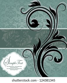 vintage blue damask invitation with floral elements