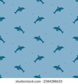 Vintage Blue Dolphins on Light Blue Ocean Pattern. Hand-drawn dolphins in blue on a light blue background with floating bubbles vintage marine-inspired design, perfect for ocean and nautical themes.