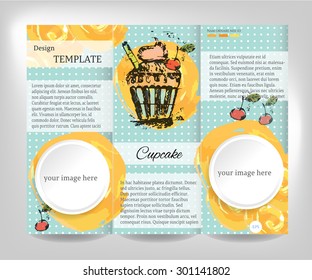 Vintage, blue, dotted, template design, brochure, flyer with white, round, labels, yellow, watercolors shapes, text, cupcake with whipped cream and red cherry, gray background, retro design