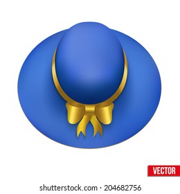 Vintage blue Fashion Hat with yellow ribbon. Retro style and Top view. Vector illustration. Isolated on white background.