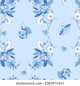 Vintage blue floral seamless pattern. Blooming indigo flowers, Victorian wildflowers with moth