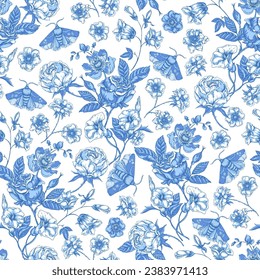 Vintage blue floral seamless pattern. Blooming indigo flowers, Victorian wildflowers with moth