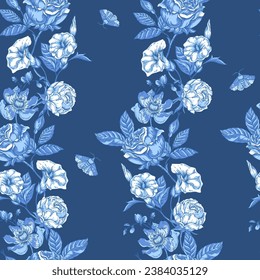 Vintage blue floral seamless pattern. Blooming indigo flowers, Victorian wildflowers with moth