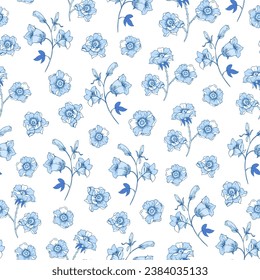 Vintage blue floral seamless pattern. Blooming indigo flowers, Victorian wildflowers with moth