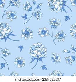 Vintage blue floral seamless pattern. Blooming indigo flowers, Victorian wildflowers with moth