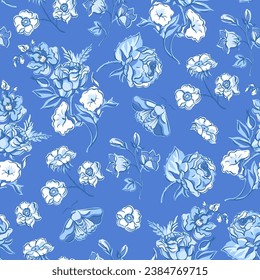 Vintage blue floral seamless pattern. Blooming indigo flowers, Victorian wildflowers with moth