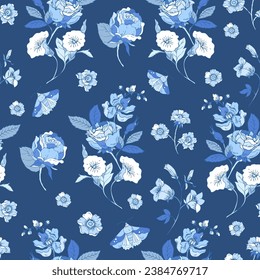 Vintage blue floral seamless pattern. Blooming indigo flowers, Victorian wildflowers with moth