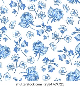 Vintage blue floral seamless pattern. Blooming indigo flowers, Victorian wildflowers with moth