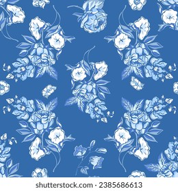 Vintage blue floral seamless pattern. Blooming indigo flowers, Victorian wildflowers with moth