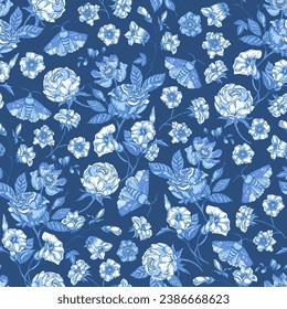 Vintage blaues, nahtloses Muster. Blühende Indigoblumen, viktorianische Wildblumen mit Motte