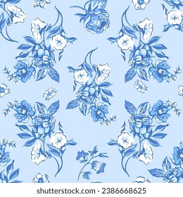 Vintage blue floral seamless pattern. Blooming indigo flowers, Victorian wildflowers with moth