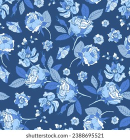 Vintage blue floral seamless pattern. Blooming indigo flowers, Victorian wildflowers with moth