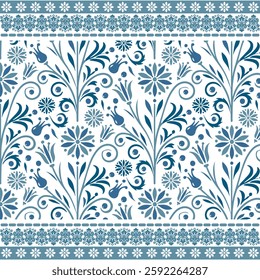 vintage blue floral seamless pattern with detailed border for artistic textile and backgrounds
