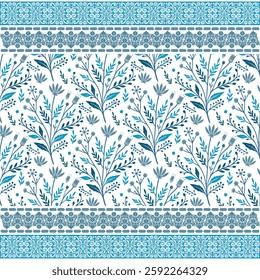 vintage blue floral seamless pattern with arabesque border for wrapping and textile designs
